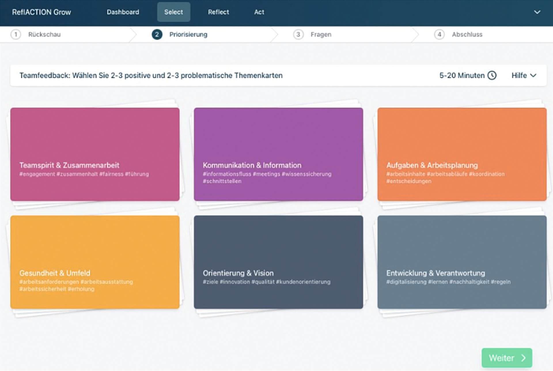 reflaction-grow-screen-02 Digitale Teamfeedback-Auswahl mit farbigen Themenkarten zu Kommunikation, Teamspirit und Arbeitsplanung – Screenshot der ReflACTION Grow Plattform - einer einfach zu bedienenden, webbasierten Software-Applikation