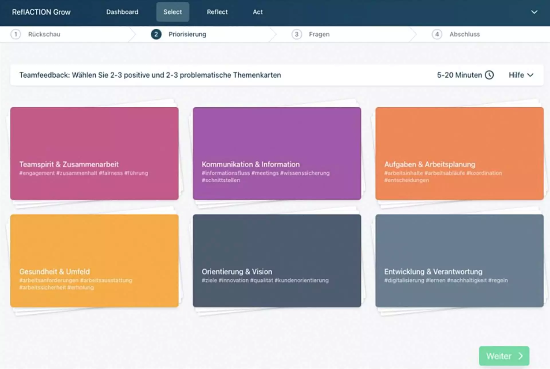 Digitale Teamfeedback-Auswahl mit farbigen Themenkarten zu Kommunikation, Teamspirit und Arbeitsplanung – Screenshot der ReflACTION Grow Plattform - einer einfach zu bedienenden, webbasierten Software-Applikation