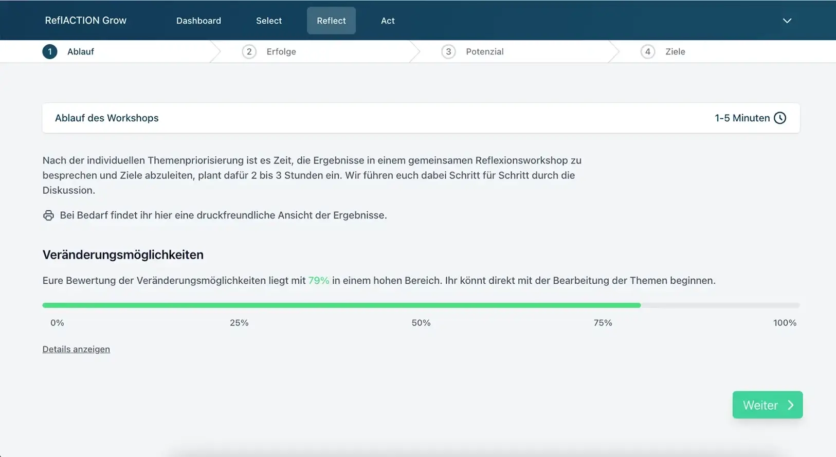reflaction-grow-screen-reflect-2 ReflACTION® GROW Dashboard mit Teamübersicht, Zeitplan der Phasen Select–Reflect–Act, Zielen, Einführungsmaterialien und Statistiken.