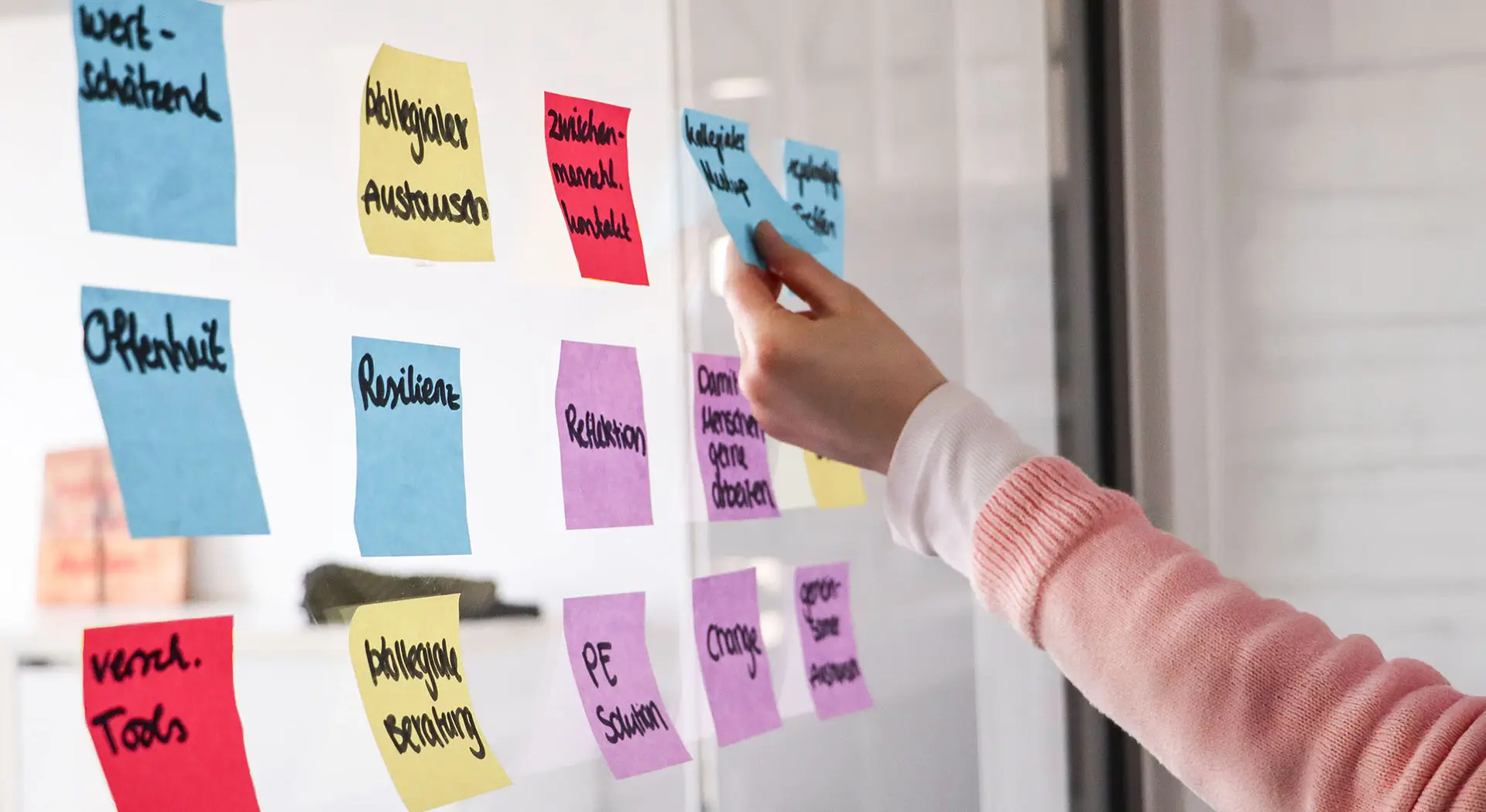 Visuelle Organisationsentwicklung – Mitarbeitende strukturieren Ideen mit Post-its, um Zusammenarbeit, Resilienz und Veränderungsprozesse in Unternehmen voranzubringen.